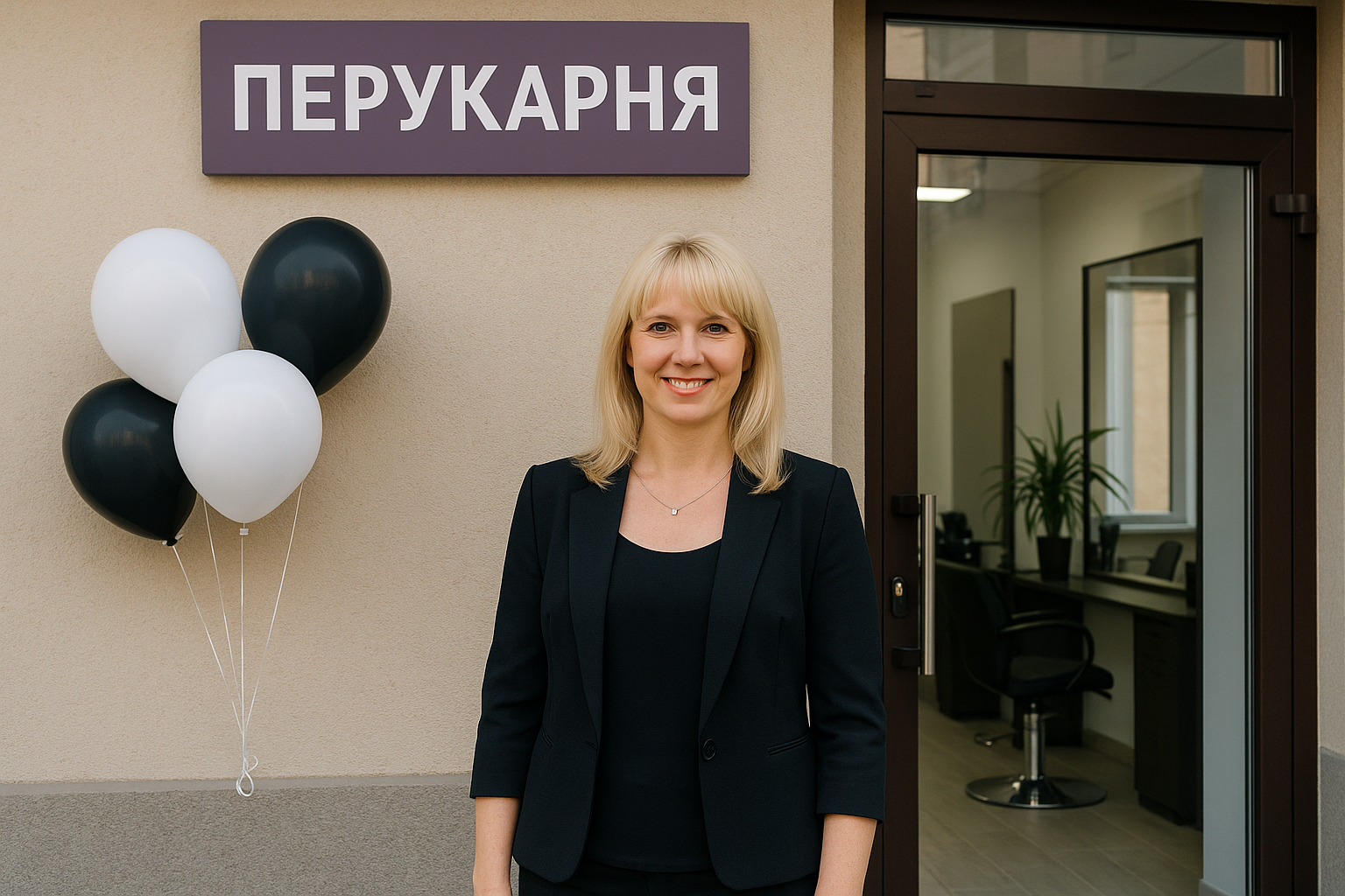 Olena Pavlenko przed swoim salonem fryzjerskim na Ukrainie w 2008 roku – krok milowy w drodze do własnego salonu fryzjerskiego w Szczecinie