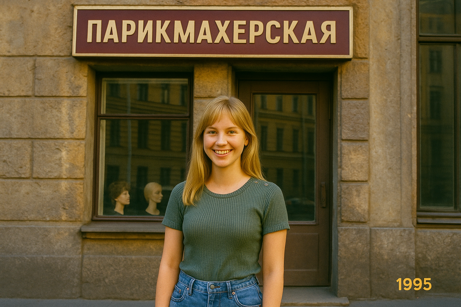 Młoda Olena Pavlenko przed salonem fryzjerskim w Petersburgu w 1995 roku – początki kariery fryzjerskiej właścicielki salonu fryzjerskiego Szczecin